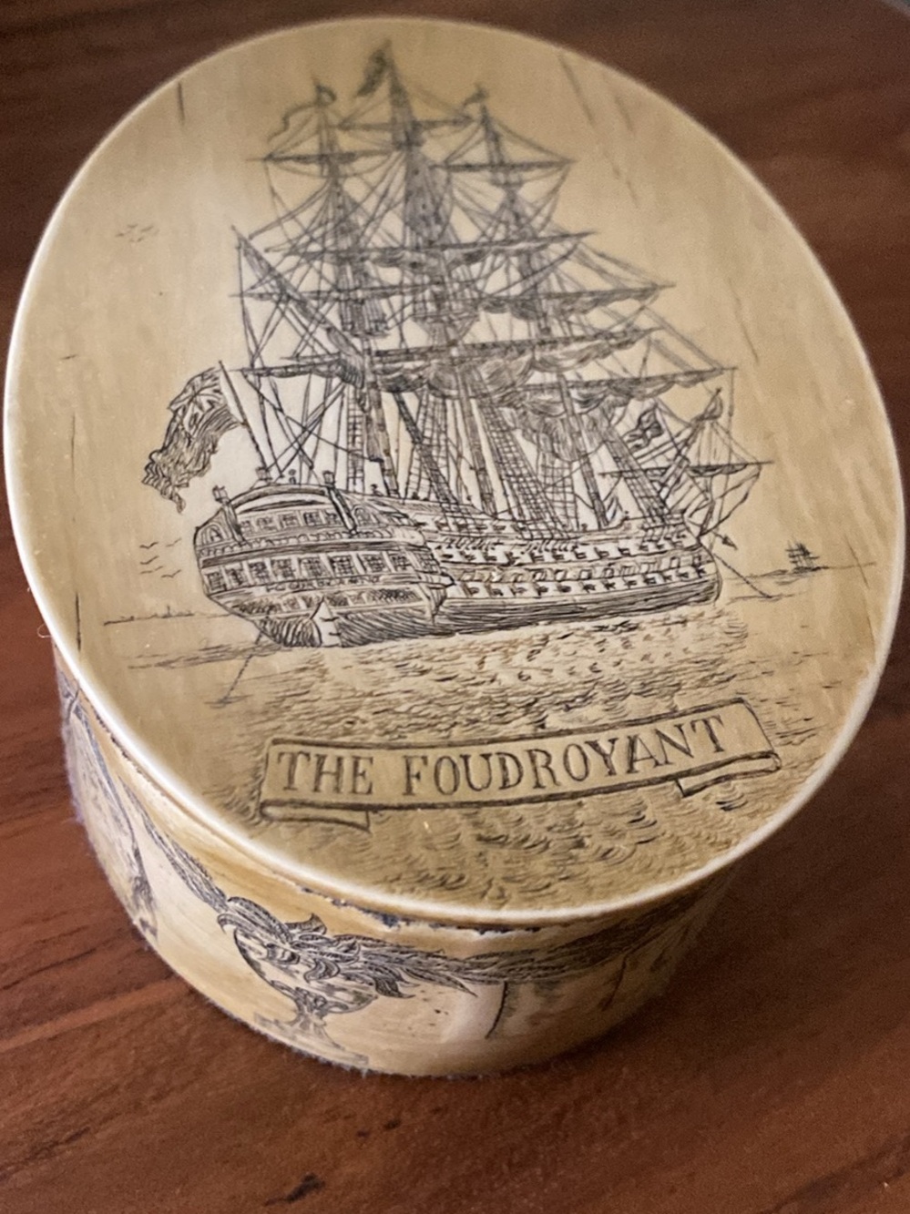 Antique-Style Ivory Ship Trinket Box with 'The Foudroyant' Illustration